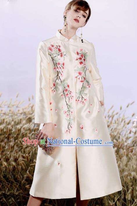 Chinese National Costume Plated Buttons White Coats Traditional Embroidered Dust Coat for Women