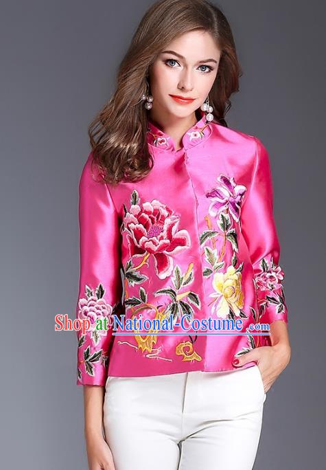 Chinese National Costume Traditional Embroidered Peony Blouse Pink Shirts for Women