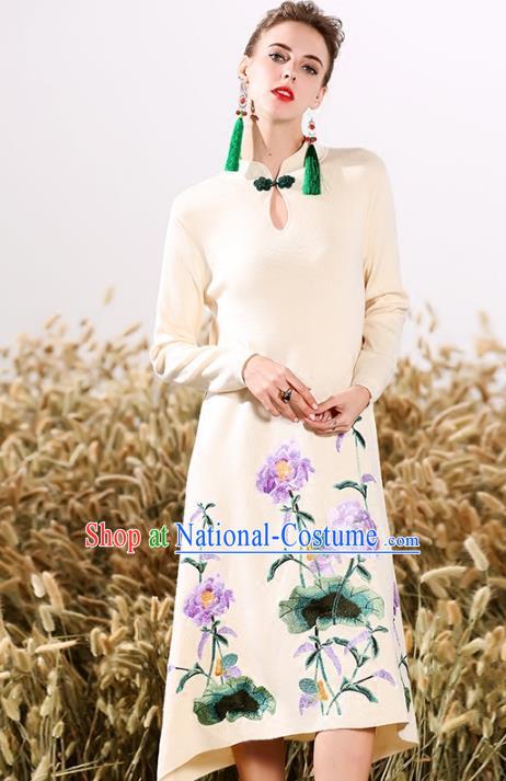 Chinese National Costume Embroidered Peony Cheongsam Beige Wool Qipao Dress for Women