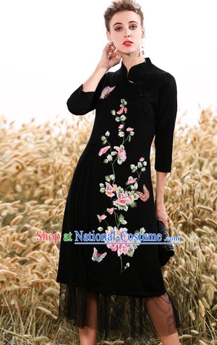 Chinese National Costume Cheongsam Embroidered Peony Black Qipao Dress for Women