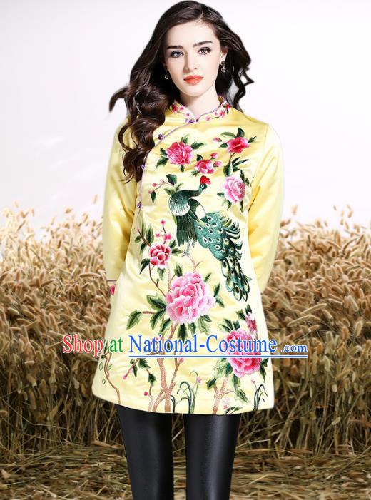 Chinese National Costume Tang Suit Yellow Shirts Traditional Embroidered Peony Blouse for Women