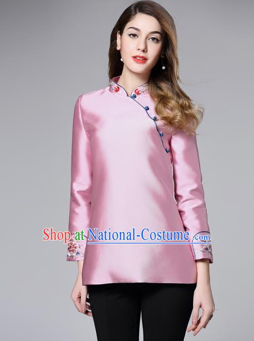 Chinese National Costume Tang Suit Pink Shirts Traditional Embroidered Blouse for Women