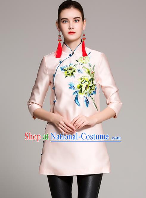 Chinese National Costume Tang Suit Shirts Traditional Embroidered Pink Blouse for Women