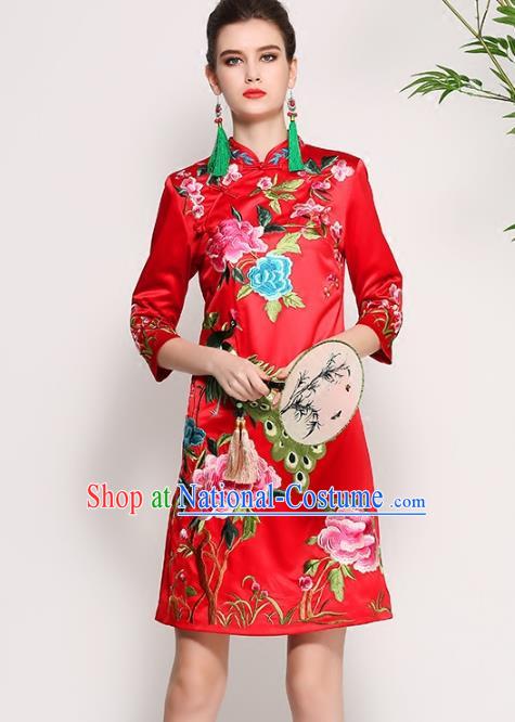 Chinese National Costume Tang Suit Red Silk Qipao Dress Traditional Embroidered Peony Cheongsam for Women