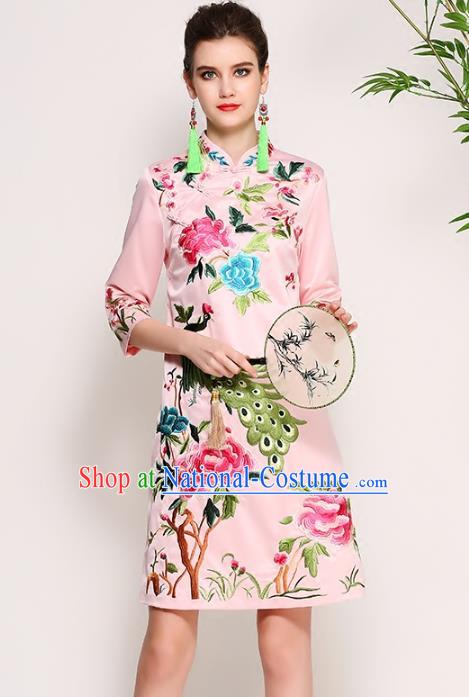 Chinese National Costume Tang Suit Pink Silk Qipao Dress Traditional Embroidered Peony Cheongsam for Women