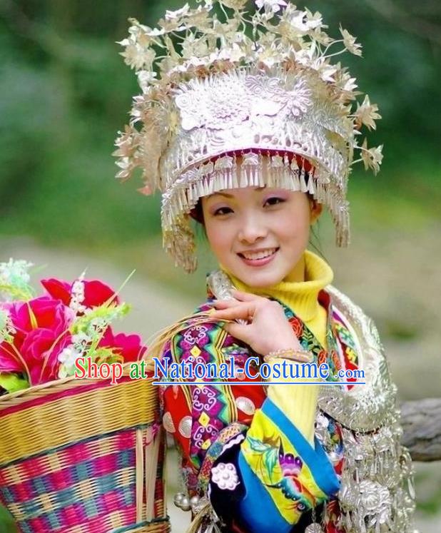 Traditional Chinese Miao Nationality Tassel Phoenix Coronet Hats Hair Accessories Sliver Crown Headwear for Women