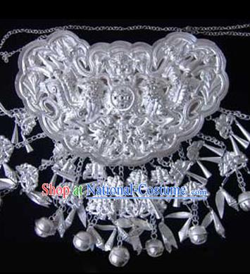 Traditional Chinese Miao Nationality Necklace Hmong Female Accessories Sliver Tassel Longevity Lock for Women