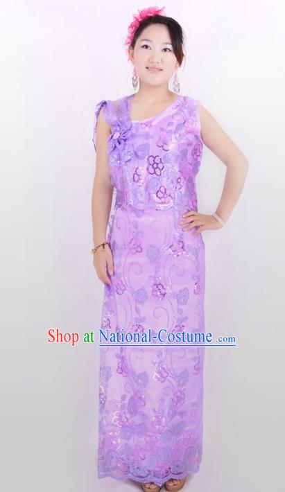 Traditional Chinese Dai Nationality Peacock Dance Costume, Folk Dance Ethnic Pavane Purple Dress for Women