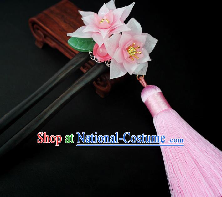 Chinese Ancient Handmade Hair Accessories Classical Hairpins Pink Lotus Tassel Hair Clips for Women