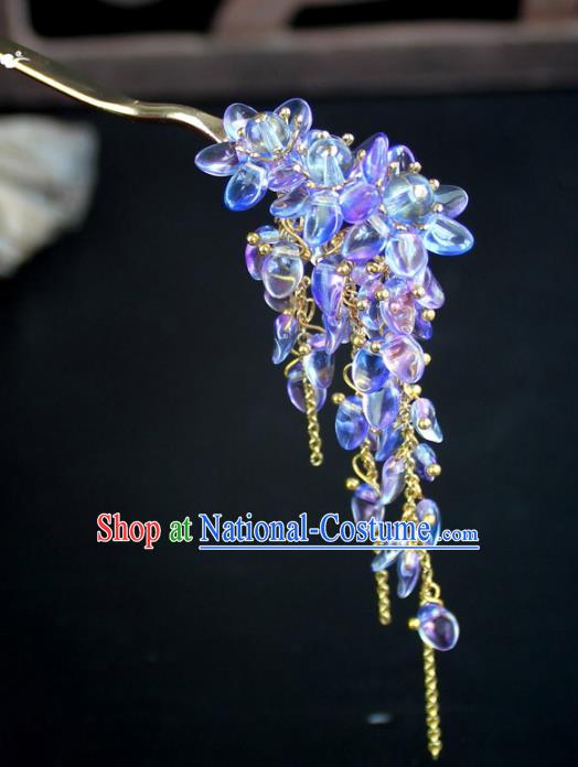 Chinese Ancient Handmade Hair Accessories Classical Hairpins Purple Crystal Tassel Hair Clips for Women