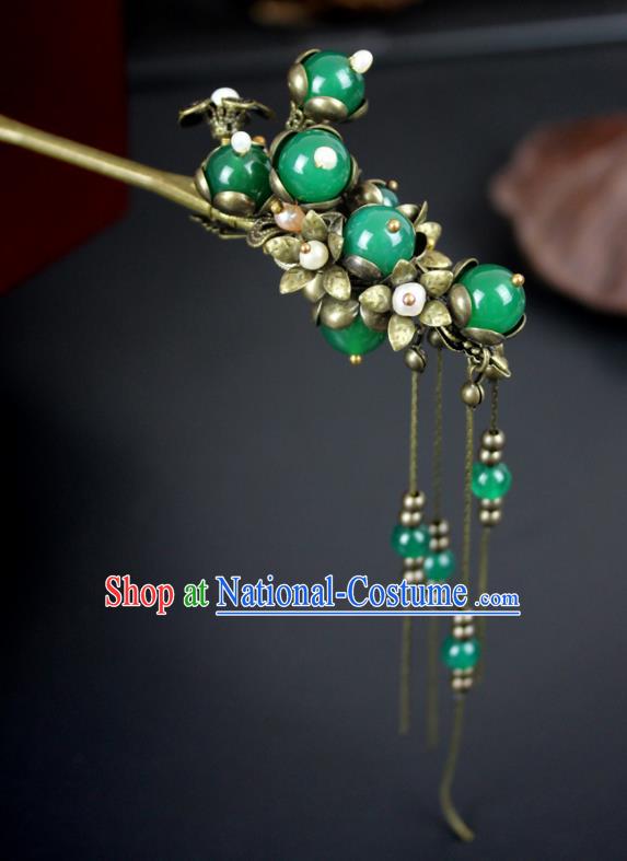 Chinese Ancient Handmade Hair Accessories Classical Hairpins Green Beads Hair Clip for Women