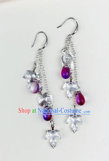 Chinese Ancient Handmade Accessories Purple Beads Tassel Earrings for Women