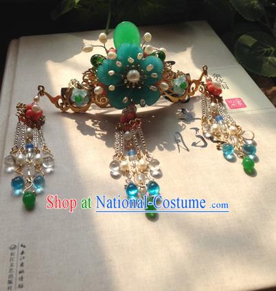 Chinese Handmade Ancient Hair Accessories Classical Hanfu Green Flower Tassel Hairpins for Women