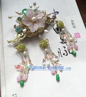 Chinese Handmade Ancient Hair Accessories Classical Hanfu Pink Flower Tassel Hairpins for Women