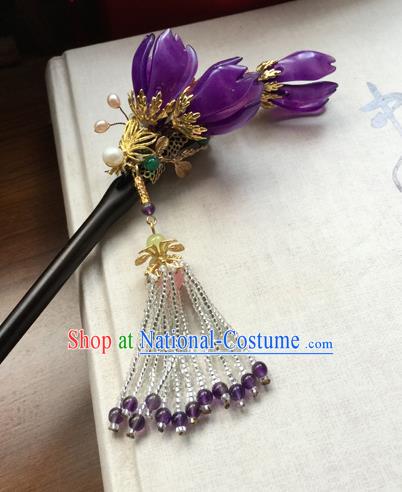 Chinese Handmade Ancient Hair Accessories Classical Hanfu Purple Mangnolia Hairpins for Women