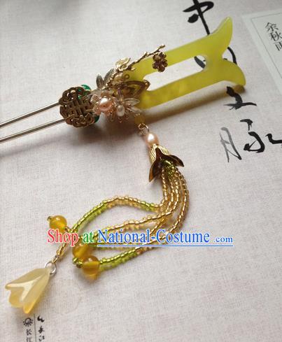 Chinese Handmade Ancient Hair Accessories Classical Hanfu Yellow Jade Hairpins for Women