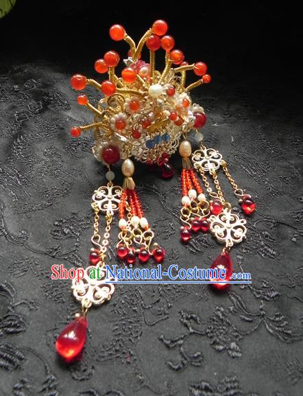 Chinese Ancient Hanfu Tassel Handmade Hairpins Hair Accessories Red Beads Hair Clip for Women