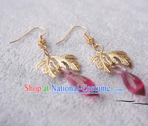 Chinese Handmade Ancient Golden Leaf Earrings Accessories Hanfu Crystal Eardrop for Women