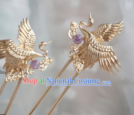 Chinese Ancient Hanfu Handmade Golden Crane Hairpins Hair Accessories Hair Clip for Women