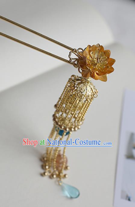 Chinese Ancient Hanfu Handmade Tassel Hair Clips Golden Lotus Hairpins Hair Accessories for Women