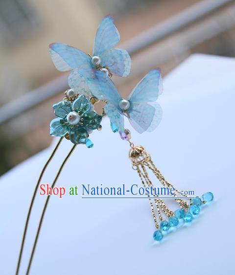 Chinese Ancient Hanfu Handmade Blue Butterfly Hairpins Hair Stick Hair Accessories for Women