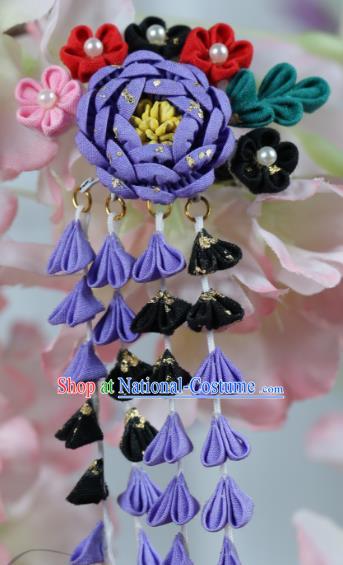 Traditional Asian Japan Hair Accessories Purple Flowers Tassel Hairpins Japanese Kimono Headwear for Women