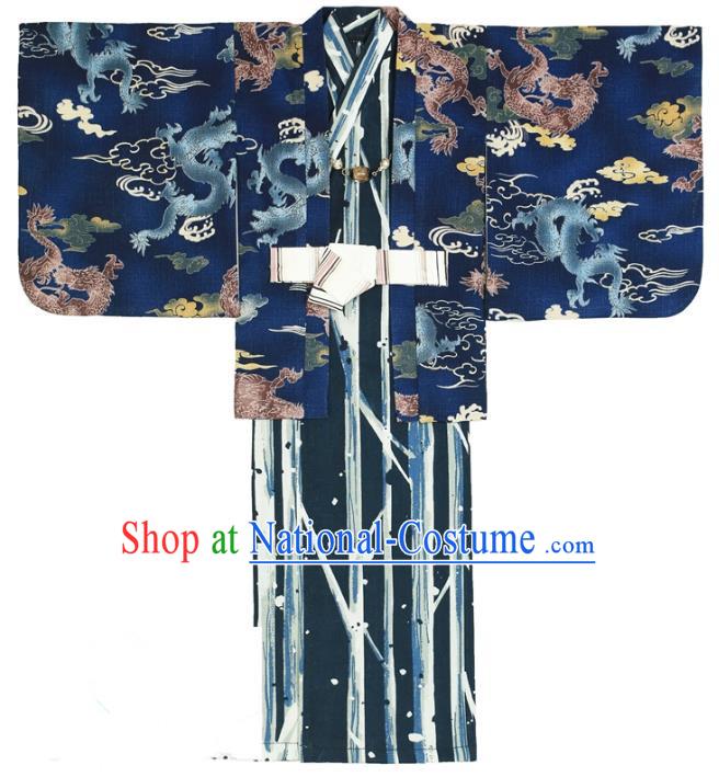 Traditional Asian Japan Costume Japanese Prince Kimono Blue Yukata Haori Hakama Clothing for Men