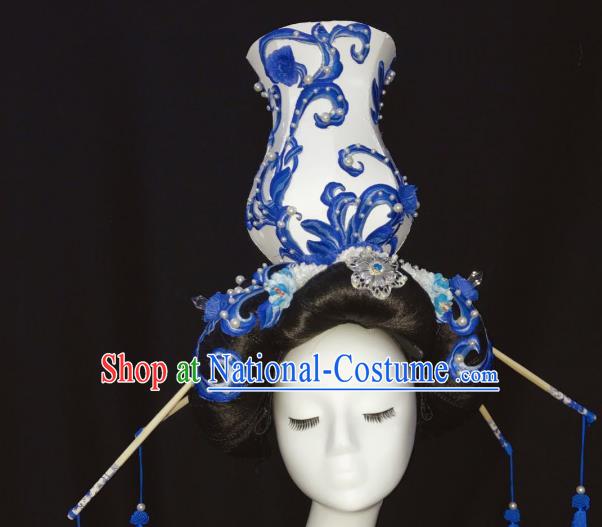 Top Grade China Style Handmade Hair Accessories Halloween Stage Performance Blue and White Porcelain Headwear for Women