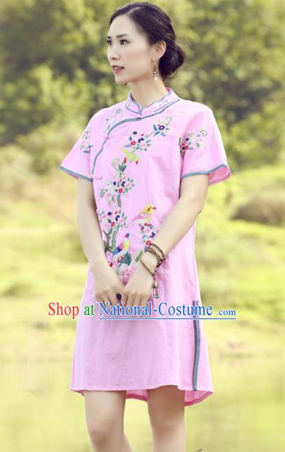 Traditional China National Costume Tang Suit Pink Qipao Dress Chinese Embroidered Peony Cheongsam for Women