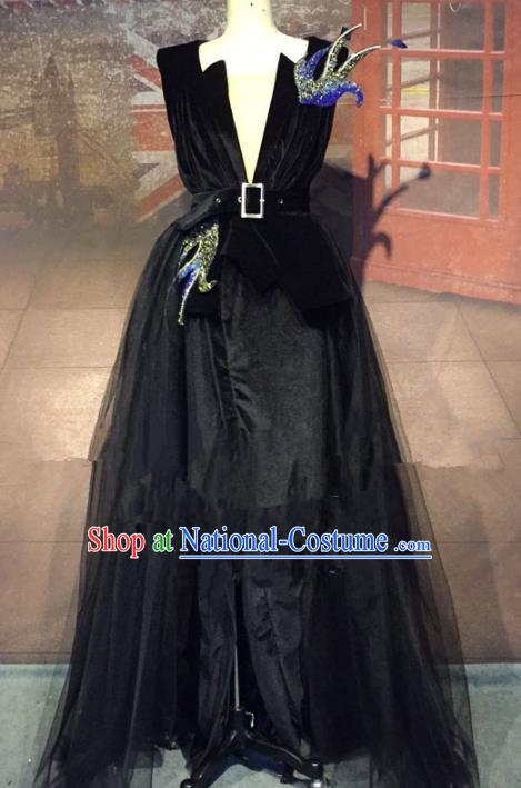 Top Grade Stage Performance Costume Modern Dance Catwalks Black Veil Full Dress for Women