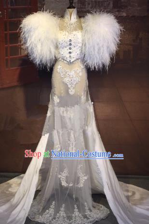 Top Grade Stage Performance Costume Modern Dance White Lace Dress Catwalks Full Dress for Women