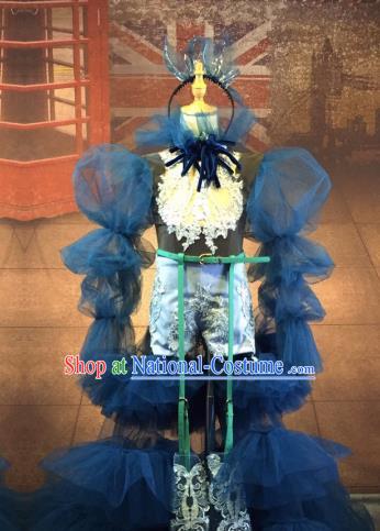 Top Grade Stage Performance Costume Modern Dance Children Dress Catwalks Blue Veil Full Dress for Kids