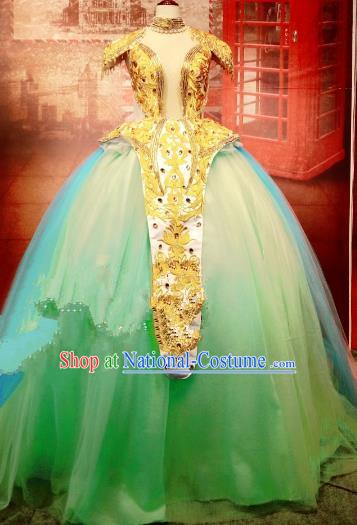 Top Grade Stage Performance Costume Modern Dance Green Bubble Dress Catwalks Full Dress for Women