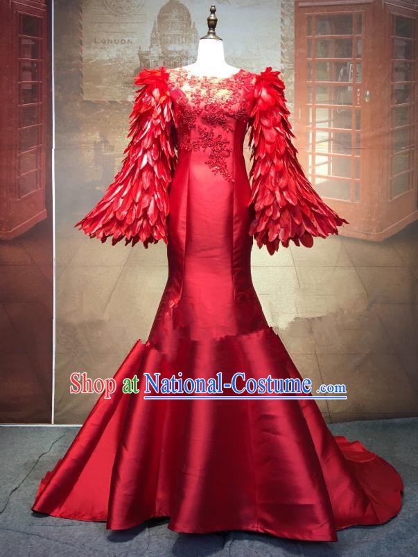 Top Grade Stage Performance Costume Modern Dance Cheongsam Catwalks Red Feather Full Dress for Women