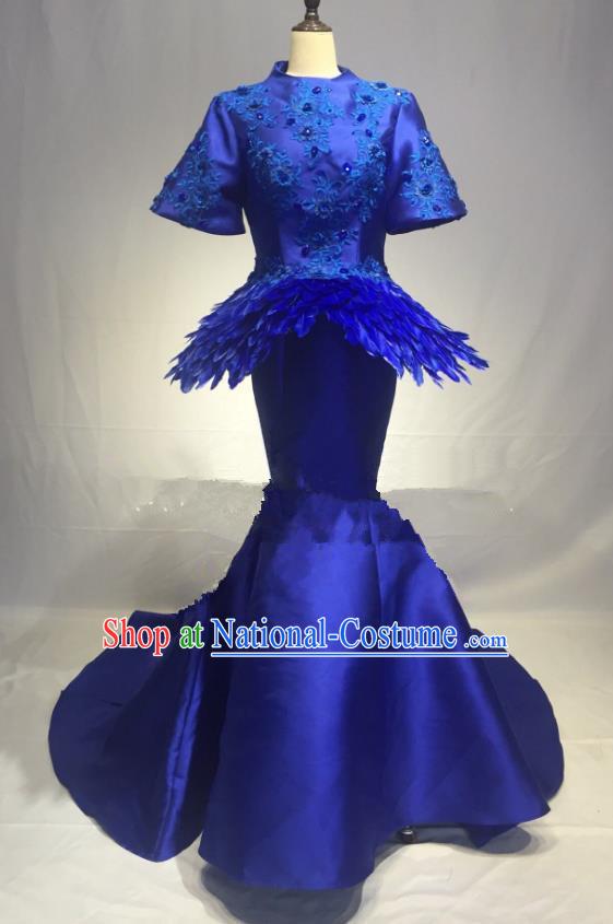 Top Grade Stage Performance Costume Modern Dance Dress Catwalks Blue Full Dress for Women