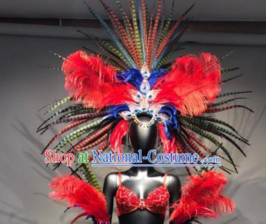 Top Grade Handmade Accessories Brazilian Carnival Costumes Red Feather Headdress and Wings for Women