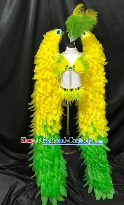 Top Grade Catwalks Yellow Feather Wings Costume Brazilian Carnival Samba Dance Bikini Clothing and Headdress for Kids