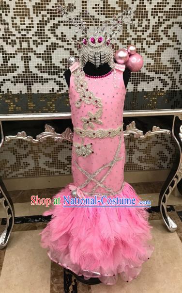 Top Grade Children Stage Performance Costume Catwalks Pink Dress and Headwear for Kids