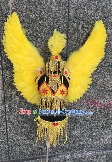 Top Grade Children Stage Performance Costume Modern Dance Catwalks Yellow Feather Bikini Dress and Wings for Kids