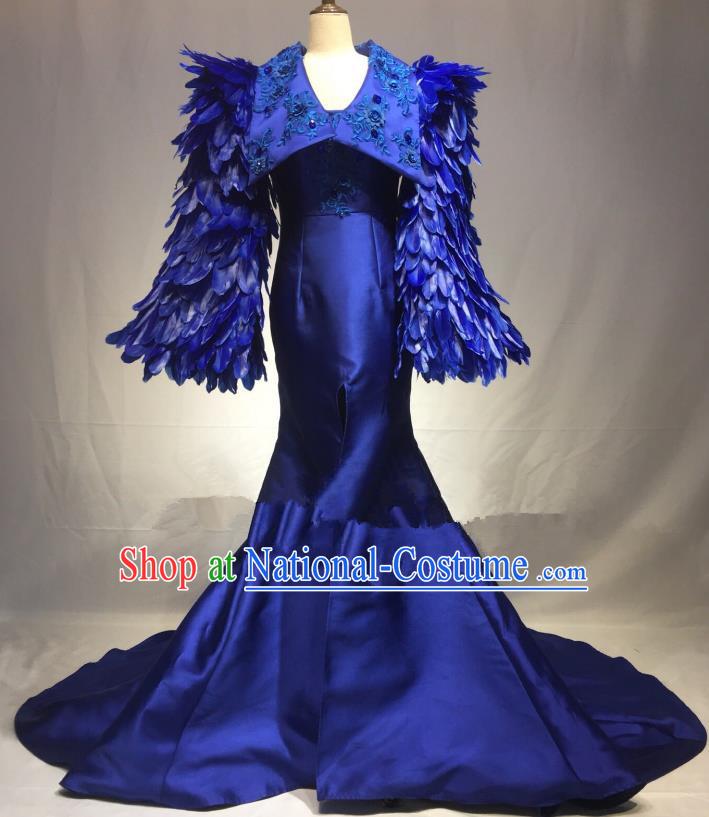 Top Grade Stage Performance Costume Blue Feather Mermaid Dress Catwalks Full Dress for Women