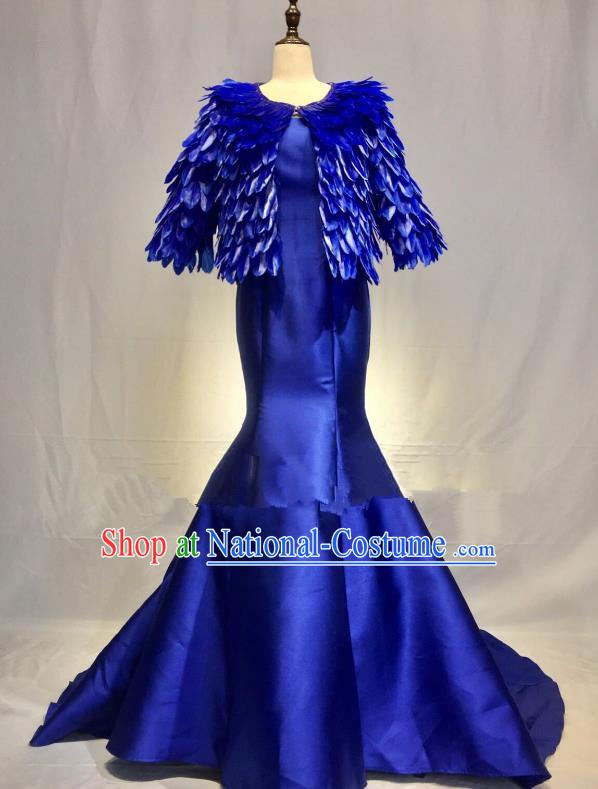 Top Grade Stage Performance Costume Modern Dance Blue Feather Mermaid Dress Catwalks Full Dress for Women