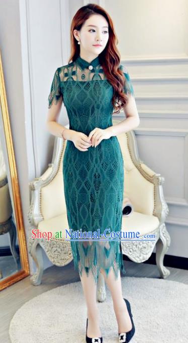 Chinese Traditional Elegant Peacock Green Lace Cheongsam National Costume Qipao Dress for Women