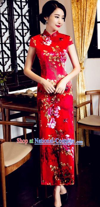 Top Grade Chinese National Costume Elegant Printing Peony Brocade Cheongsam Tang Suit Qipao Dress for Women