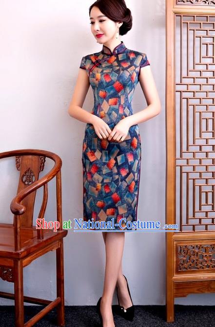 Chinese Traditional Elegant Cheongsam Top Grade Blue Silk Full Dress National Costume Retro Printing Qipao for Women