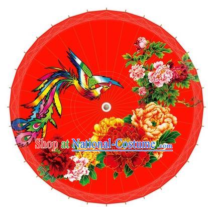 Chinese Handmade Painting Phoenix Peony Paper Umbrella Folk Dance Red Oil-paper Umbrella Yangko Umbrella