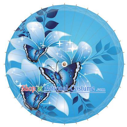 Chinese Traditional Artware Paper Umbrella Printing Butterfly Blue Oil-paper Umbrella Handmade Umbrella