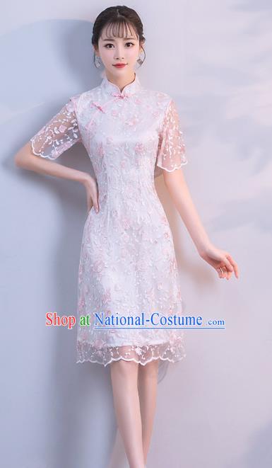 Chinese Traditional White Embroidered Mandarin Qipao Dress National Costume Short Cheongsam for Women