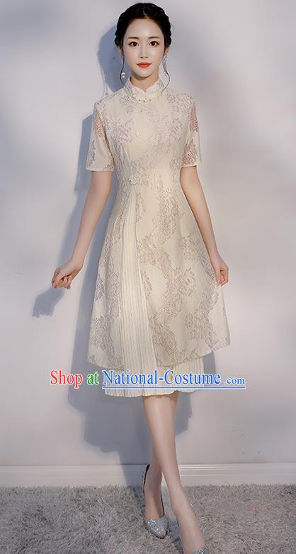 Chinese Traditional Embroidered White Mandarin Qipao Dress National Costume Short Cheongsam for Women