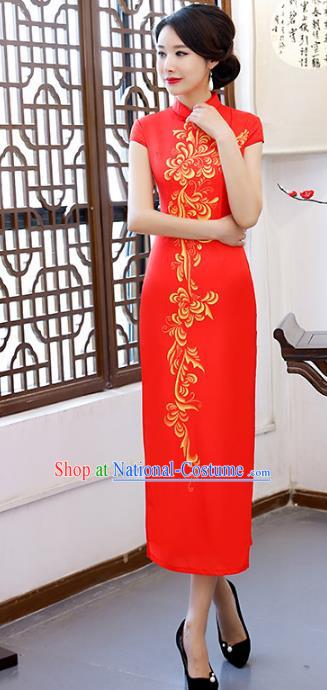 Chinese Traditional Chrysanthemum Pattern Mandarin Qipao Dress National Costume Red Cheongsam for Women