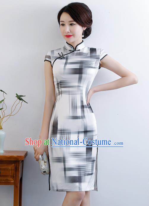 Chinese Traditional Mandarin Qipao Dress National Costume Printing White Silk Cheongsam for Women